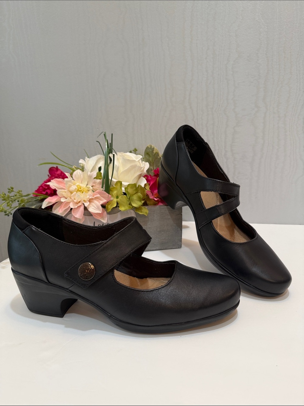 Clarks Emily 2 Mabel Black Leather Mary Jane Chunky Heel Shoes 9.5